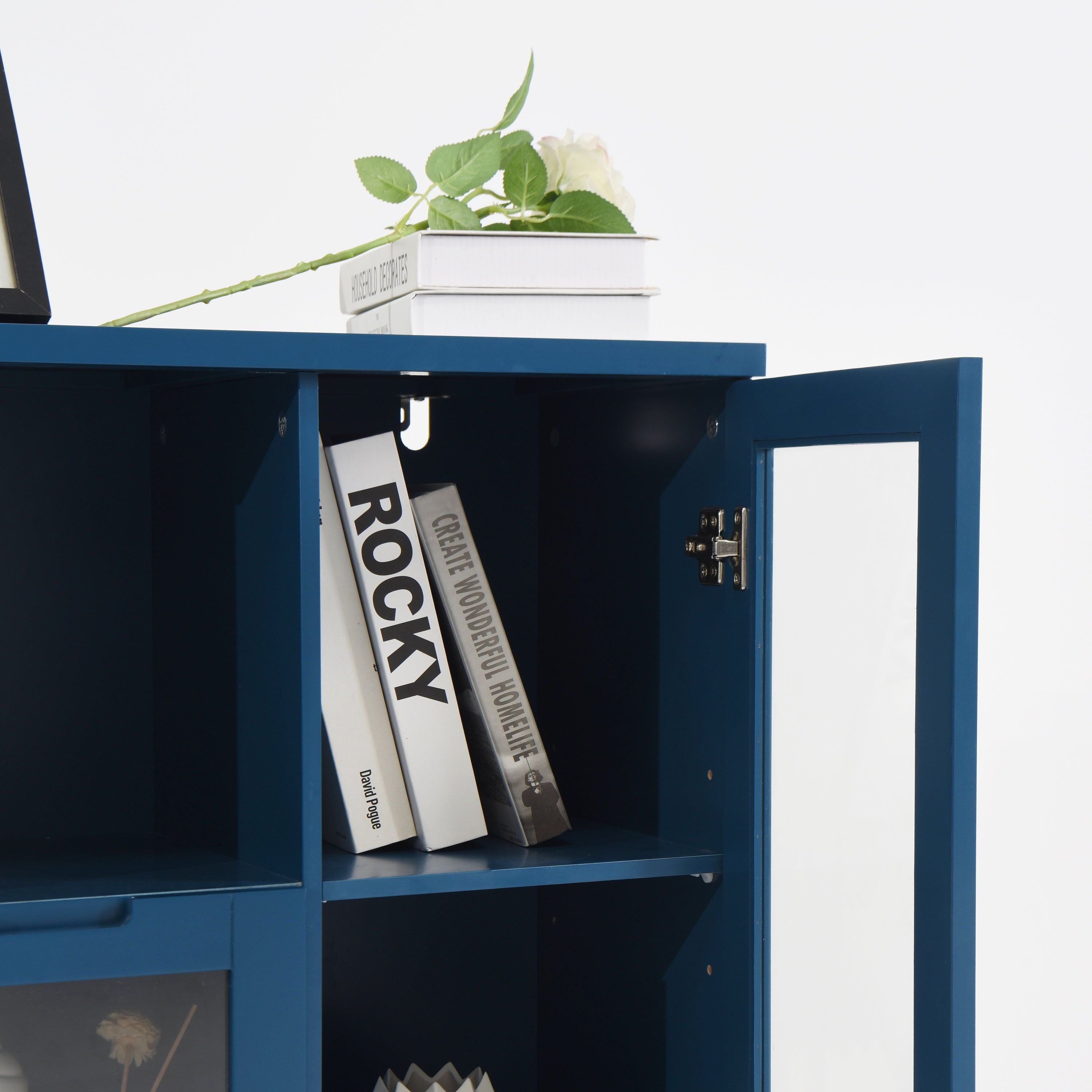 Navy Blue MDF Painted Cabinet with Glass Doors, Drawer, and Open Storage Space for Bedroom and Living Room - Grand Goldman Shop