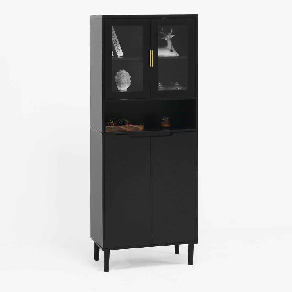 Tempered Glass Door Tall Storage Bookcase with adjustable board, 4 doors MDF painting finished cabinet, Black, Living room Bedroom storage - Grand Goldman Shop