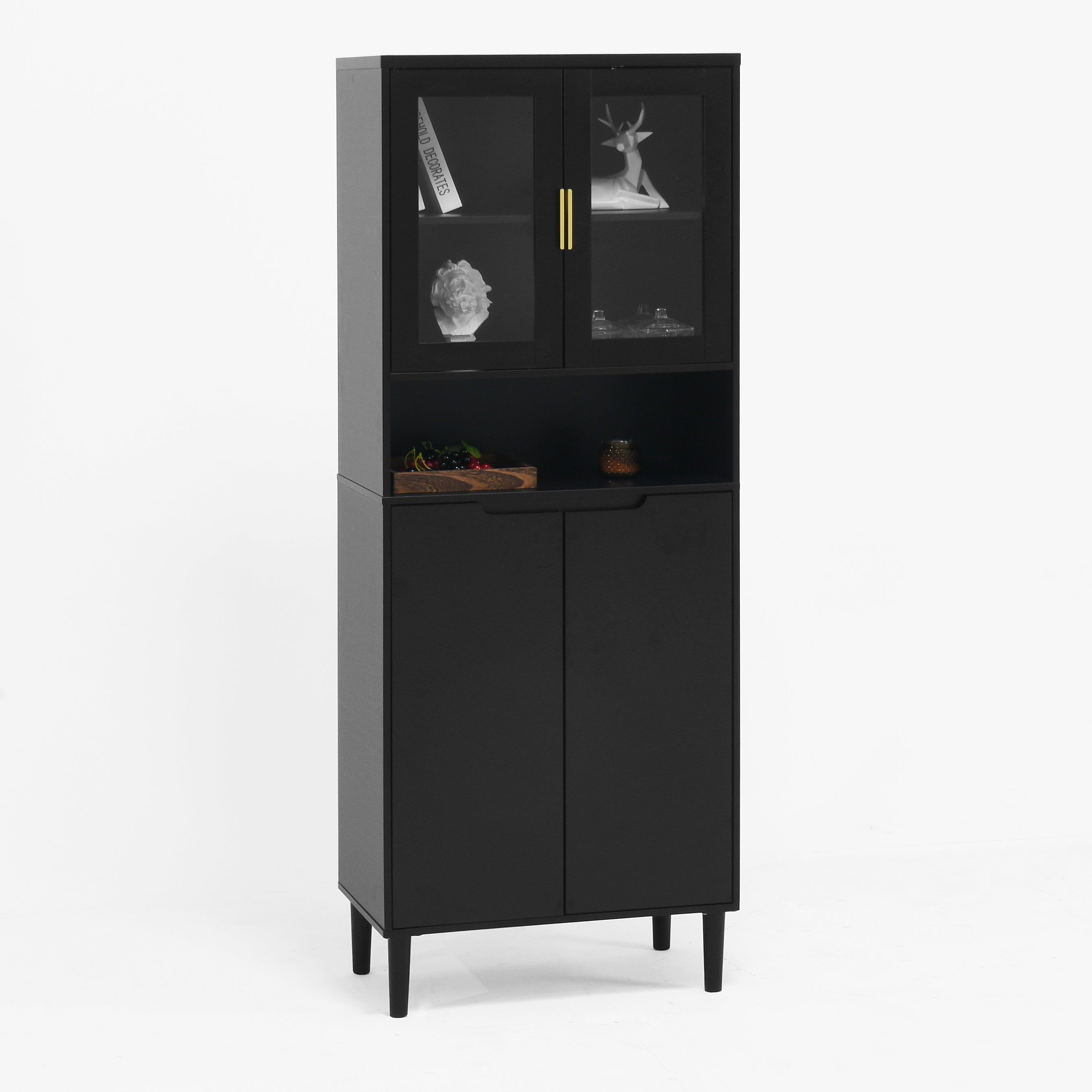 Tempered Glass Door Tall Storage Bookcase with adjustable board, 4 doors MDF painting finished cabinet, Black, Living room Bedroom storage - Grand Goldman Shop