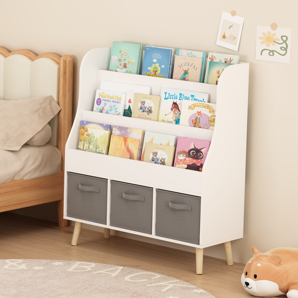Kids Bookshelf with 3 Fabric Storage Bins, White Wooden Book Display Organizer for Toddlers and Children, Front-Facing Book R