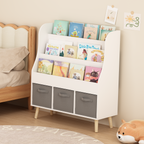 Kids Bookshelf with 3 Fabric Storage Bins, White Wooden Book Display Organizer for Toddlers and Children, Front-Facing Book R