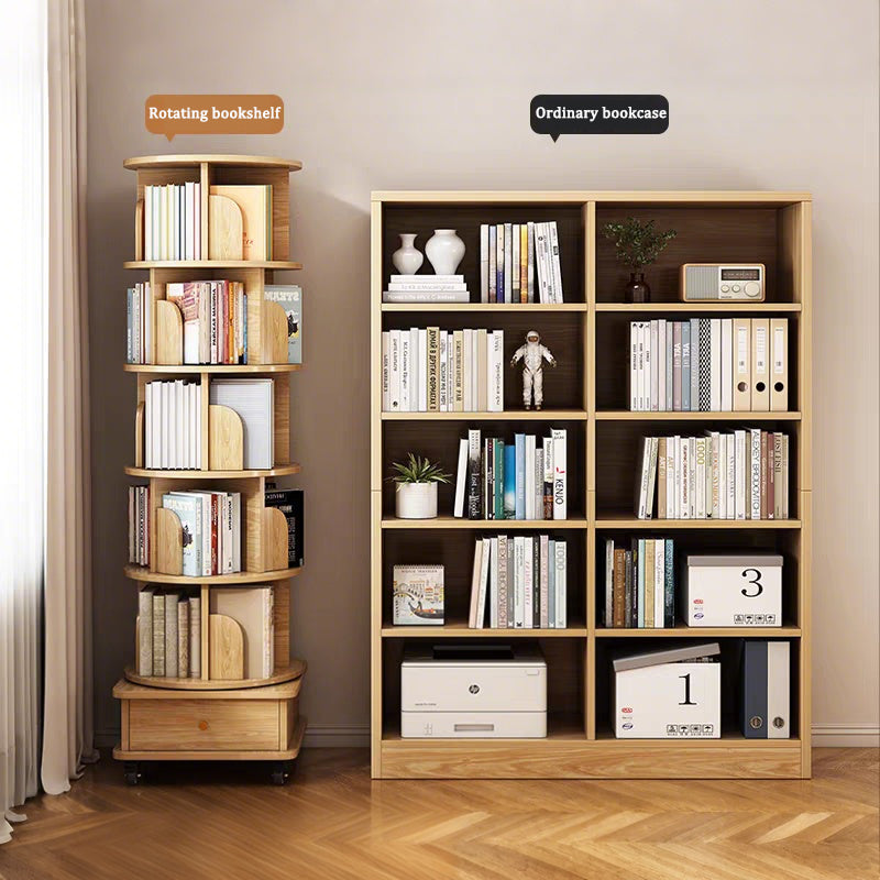 6 Tier Rotating Bookshelf, 360° Display Round Spinning Bookshelf with Wheels and Drawer, Space-Saving, Small Space Rotating Bookshelf Tower for Bedroom, Living Room, Home, Office, Wood Color - Grand Goldman Shop