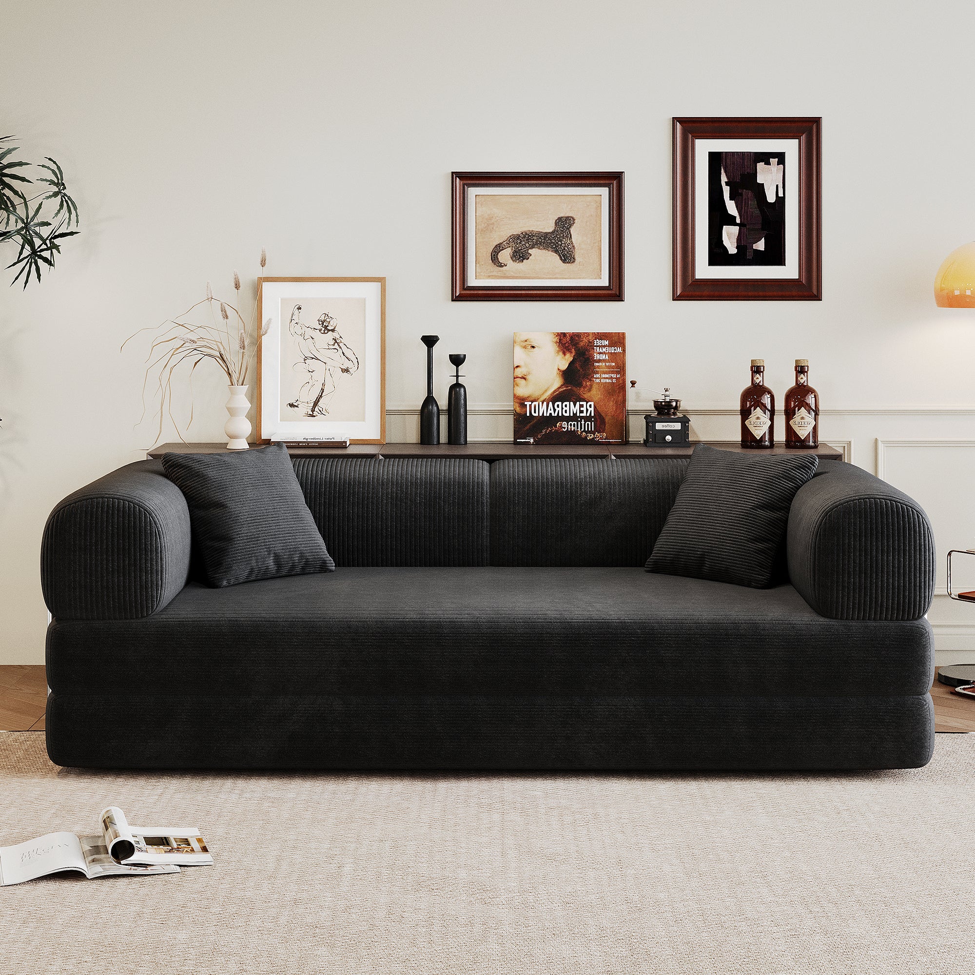 78.8' Compression Sofa,Convertible Floor Sofa Bed-with Pillow Back Support Armrest,Comfy Futon Couch Sleeper Bed,Loveseats Boneless Modular Sectional Sofa,Corduroy fabric,for Living Room,Bedroom,Black - Grand Goldman Shop