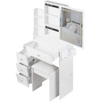 29.2' Small Size Left Bedside Cabinet Vanity Table + Cushioned Stool, 2 AC+2 USB Power Station, Hair dryer bracket, Extra Large Touch Control Sliding LED Mirror, Tri-color Switching, Brightness Adjust - Grand Goldman Shop