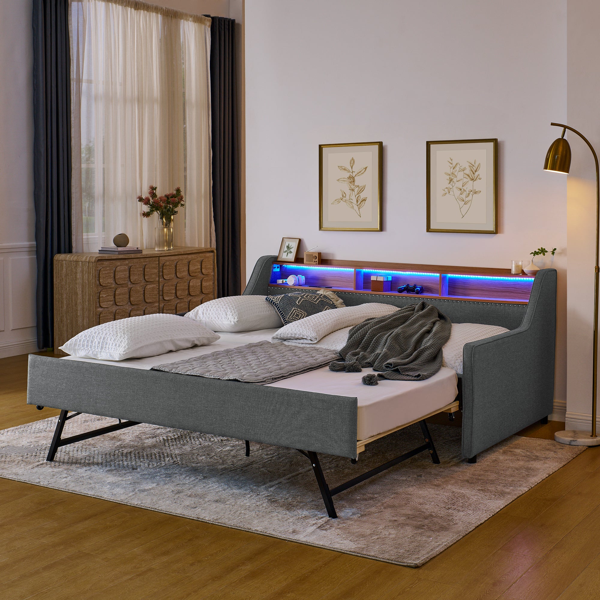 Grey Linen Upholstered Twin Sofa Bed with LED Lights, Storage Headboard, Foldable Trundle & Wireless Charging - Grand Goldman Shop