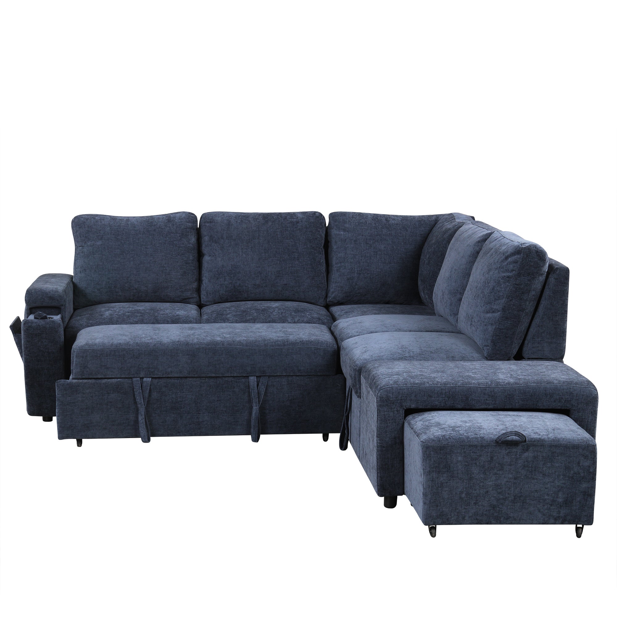 U_STYLE L-shaped Pull-Out Sofa Bed with Storage, USB Ports, and Cup Holders, Modular Design for Living Rooms, Offices & Apartments - Grand Goldman Shop
