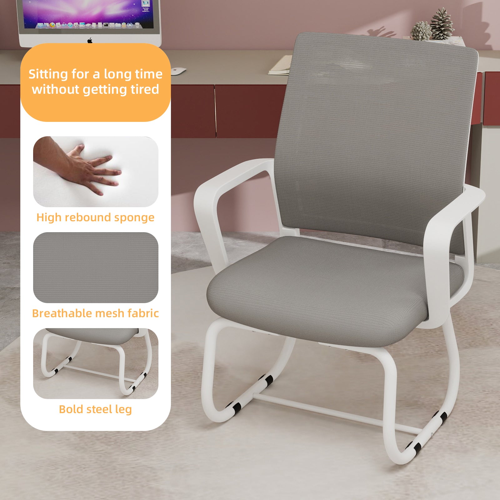 Minimalist Modern Office Chair with Metal Frame, Soft Mesh Backrest, White+Gray, for Home and Office Use - Grand Goldman
