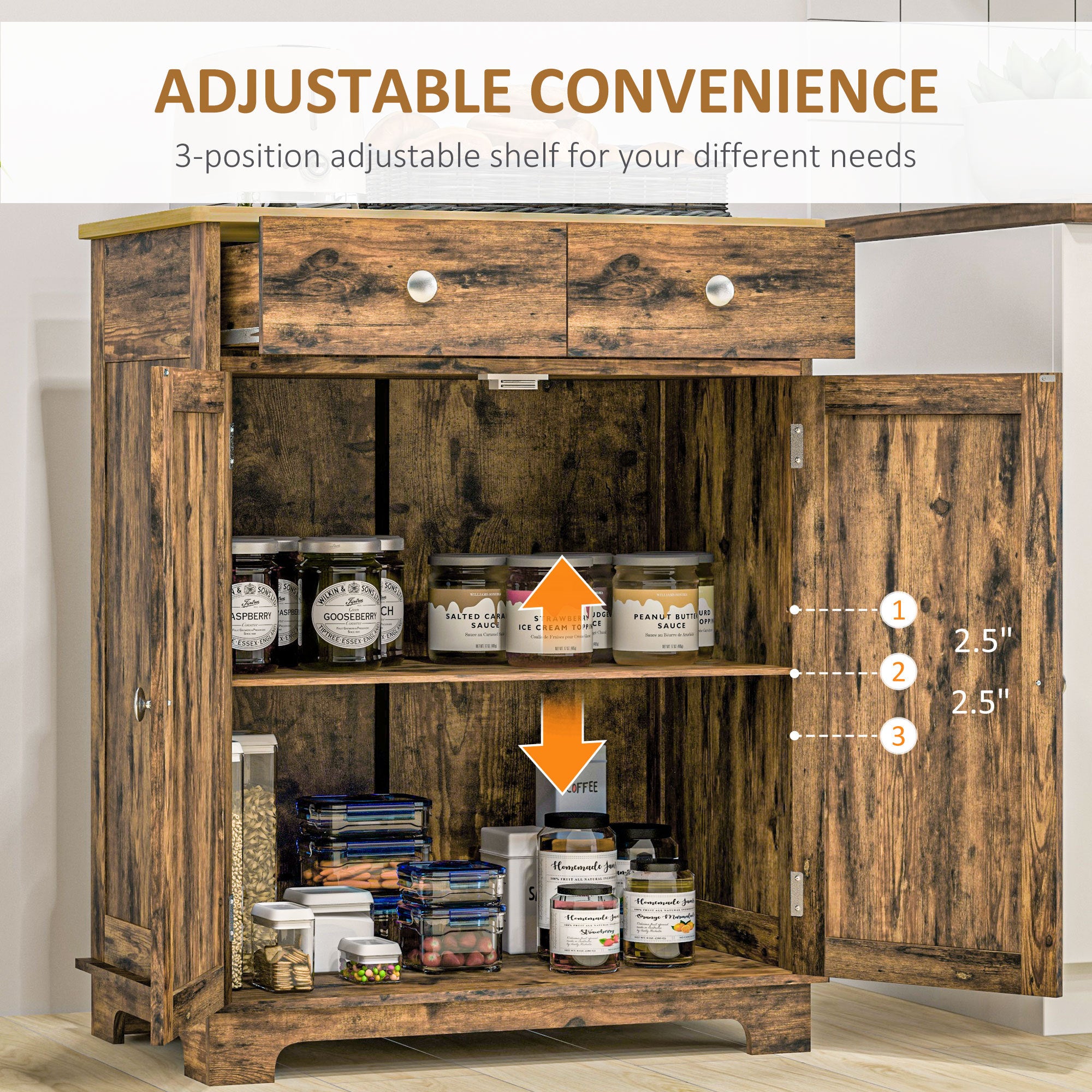 HOMCOM Sideboard with Solid Wood Countertop, Modern Kitchen Storage Cabinet, Coffee Bar Cabinet with 2 Drawers, Doors and Adj