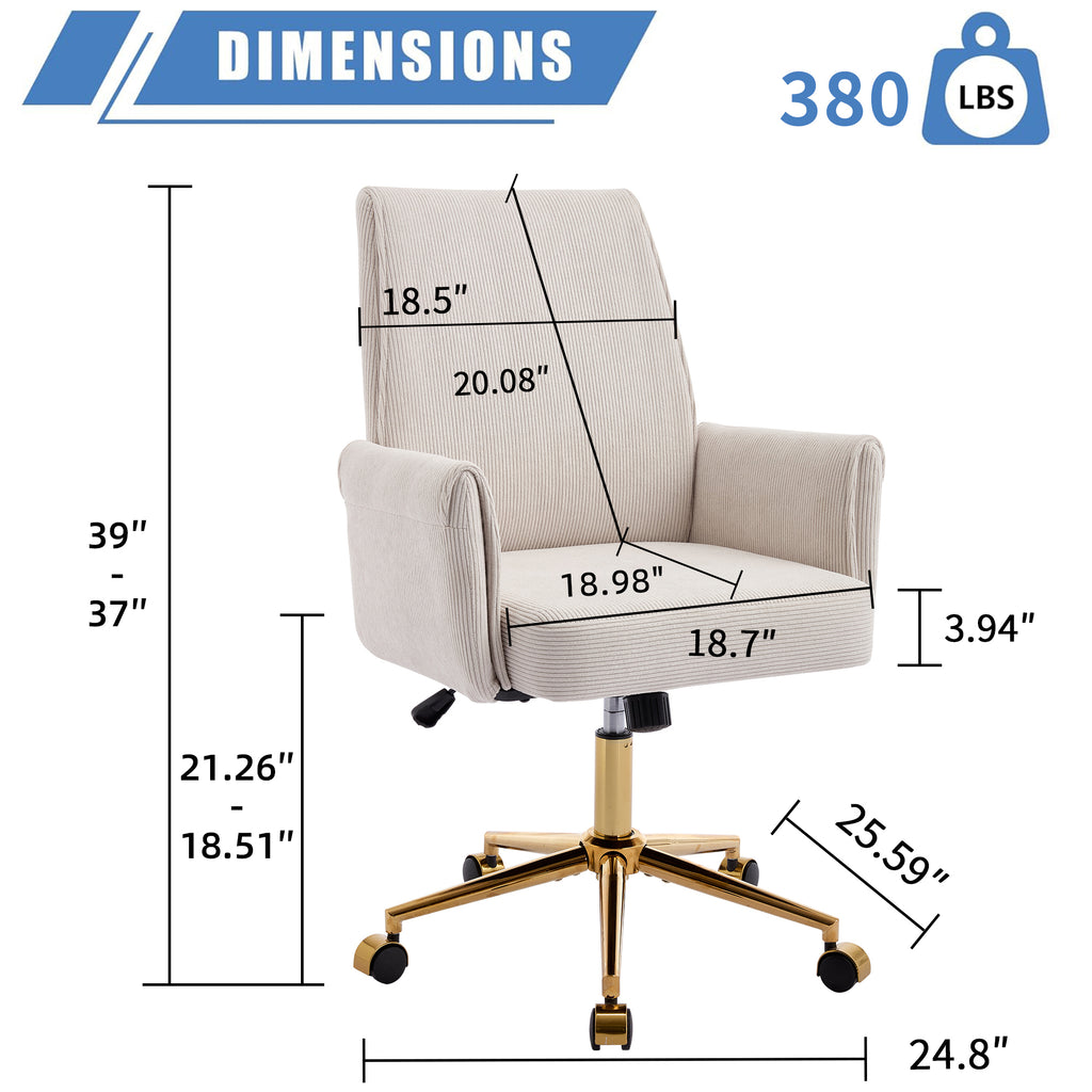 Ergonomic Mid-Back Office Chair with Striped Fabric, White Corduroy, Adjustable Lumbar Support and Gold Base, 25.2 x 24.0 x 3