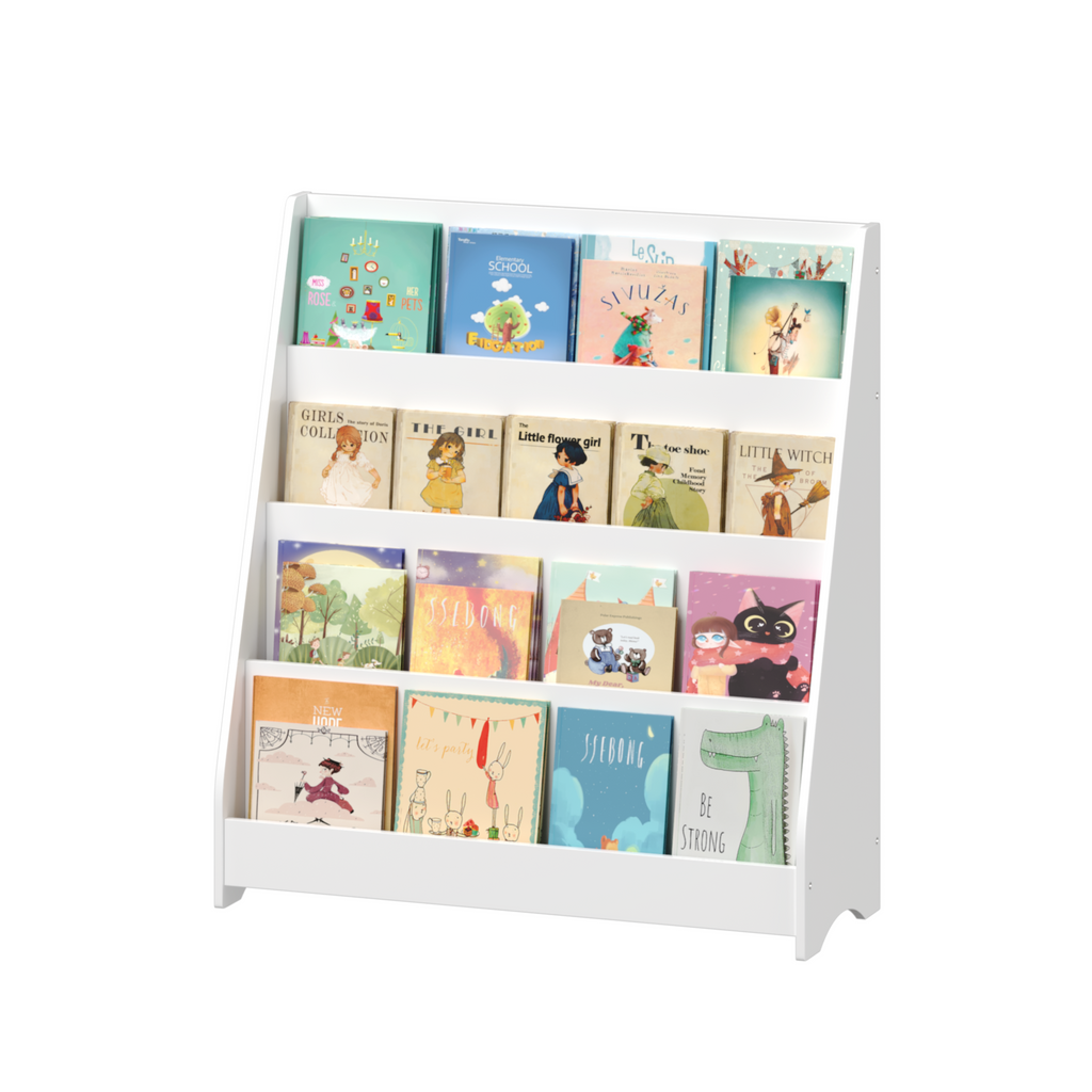 Stylish 4-Tier Kids Bookshelf, Toddler Book Display Shelves in White, Made of MDF with Rounded Edges, 31.5 x 11.8 x 34.65 inc