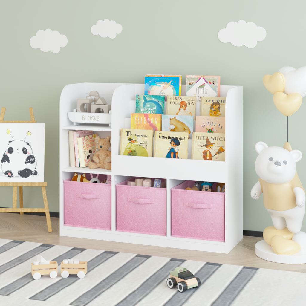 Kids Bookcase and Bookshelf with 3 Collapsible Fabric Drawers, Multifunctional White/Pink Display Stand for Bedroom, Playroom