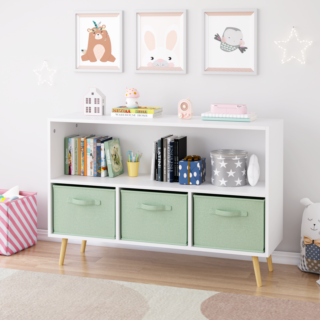 Kids bookcase with Collapsible Fabric Drawers, Children's Book Display, Toy Storage Cabinet Organizer, White/Green | Premium 