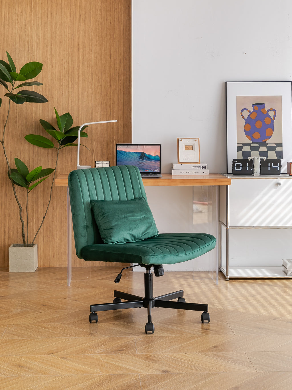Green Velvet Criss Cross Armless Office Chair with Wheels - Comfortable & Stylish for Home Office, Meditation, and Makeup Use