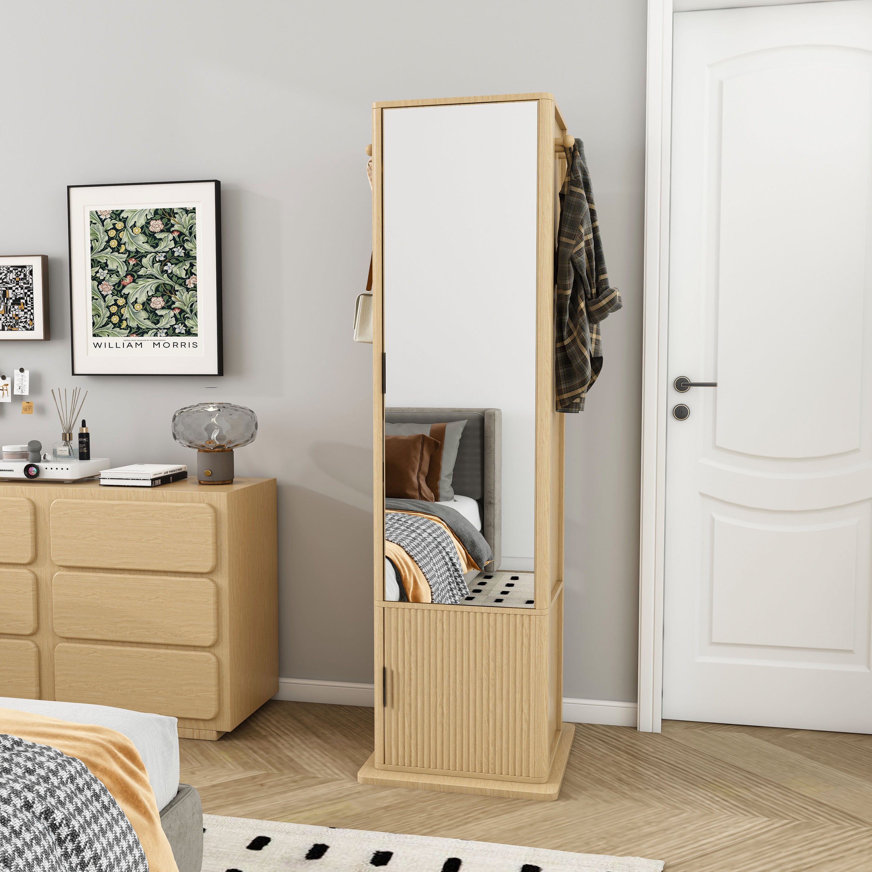 360° Rotating Makeup Cabinet in Walnut with Full-Length Mirror, Jewelry Storage, Coat Rack, 4 Open Shelves & 2 Built-In Shelves - Grand Goldman Shop