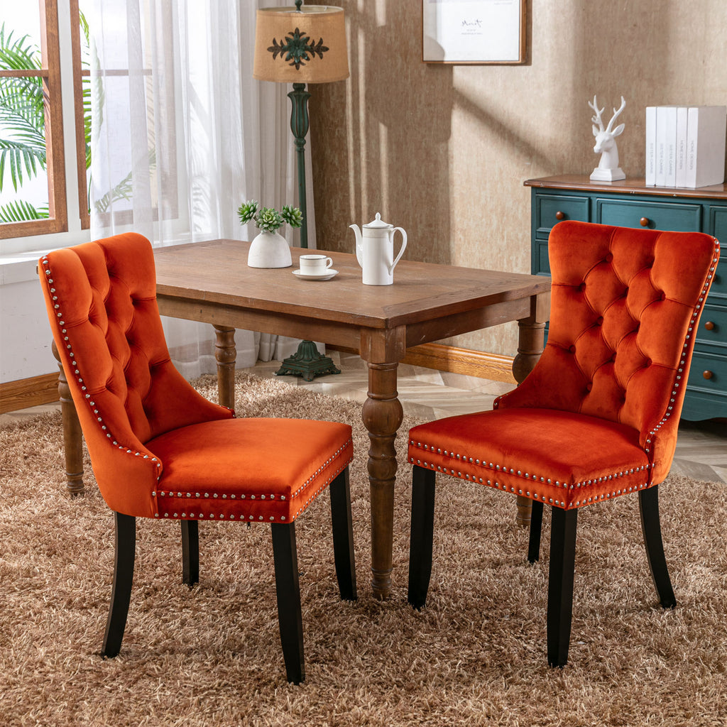 Nikki Collection Modern, High-end Tufted Solid Wood Contemporary Velvet Upholstered Dining Chair with Wood Legs Nailhead Trim 2-Pcs Set, Orange, SW2001OG - Grand Goldman Shop