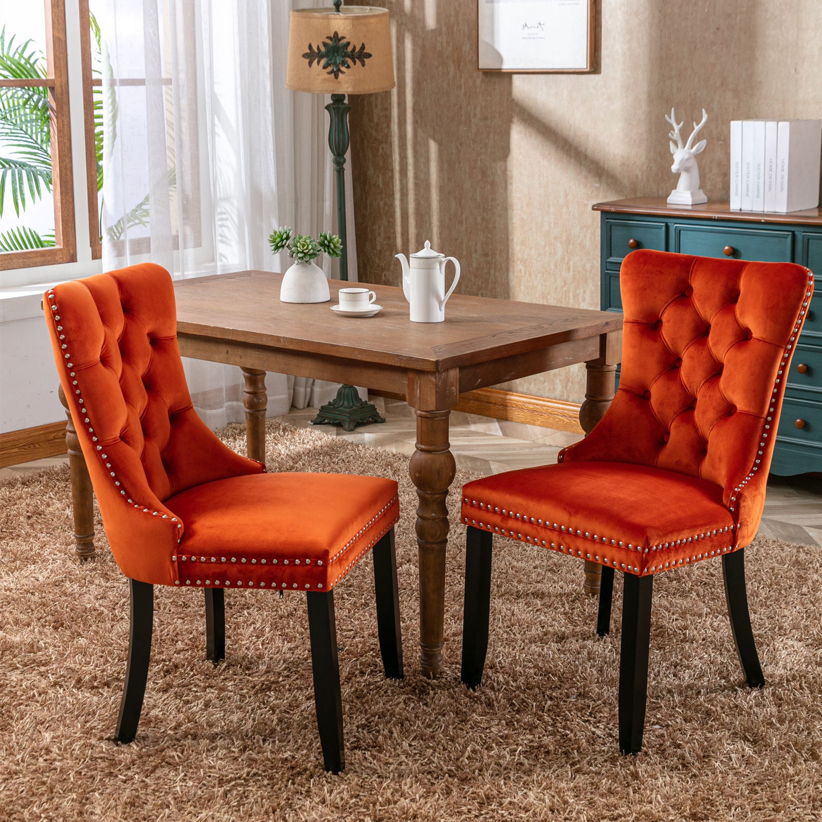 Nikki Collection Modern, High-end Tufted Solid Wood Contemporary Velvet Upholstered Dining Chair with Wood Legs Nailhead Trim 2-Pcs Set, Orange, SW2001OG - Grand Goldman Shop