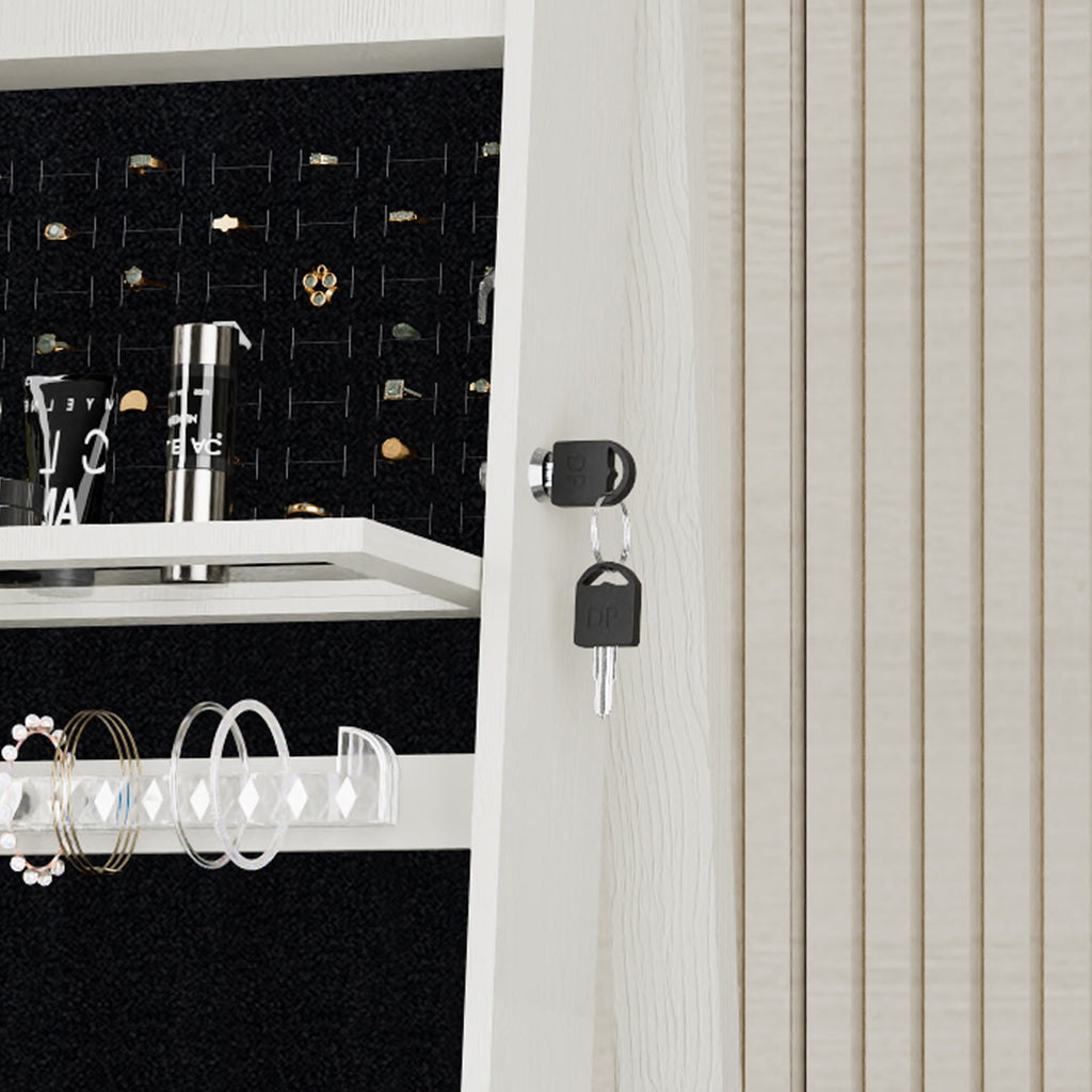 360°Swivel Jewelry Cabinet with Full Length Mirror, 360°Rotating Standing Jewelry Armoire Organizer, Lockable Storage Cabinet, Interior Lighted Mirror, White - Grand Goldman Shop
