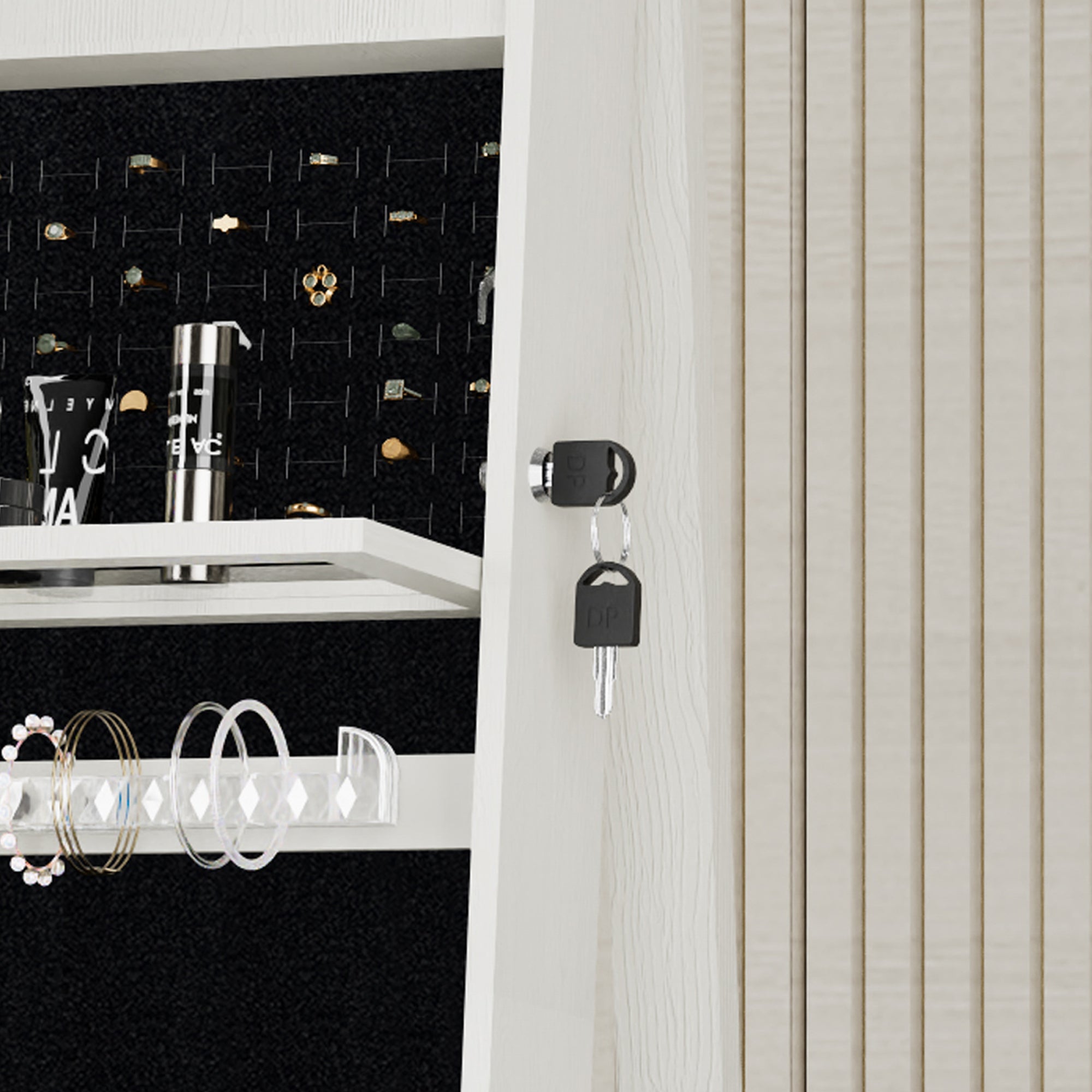 360°Swivel Jewelry Cabinet with Full Length Mirror, 360°Rotating Standing Jewelry Armoire Organizer, Lockable Storage Cabinet, Interior Lighted Mirror, White - Grand Goldman Shop