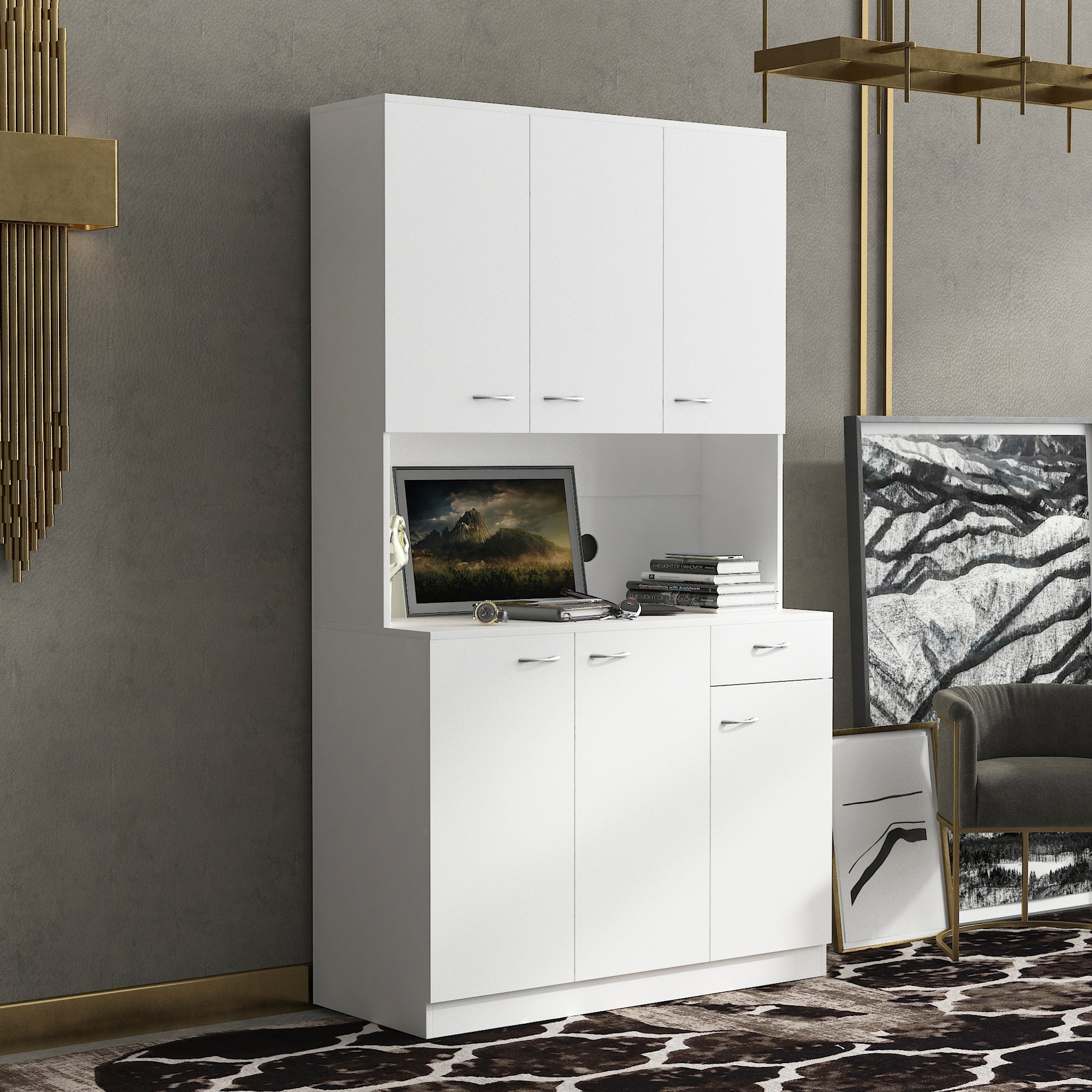 70.87' Tall Wardrobe& Kitchen Cabinet, with 6-Doors, 1-Open Shelves and 1-Drawer for bedroom,White - Grand Goldman Shop