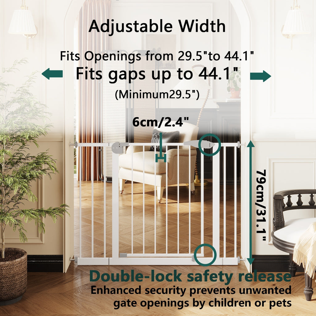 White Pressure-Mounted Baby Gate for Stairs, 29.5-44.1' Wide, Steel and ABS Construction, Easy Walk-Through Design for Kids a