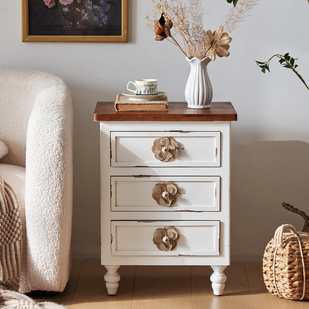 Vintage Farmhouse End Table with Floral Knobs – 19' Rustic Nightstand with 3 Drawers & Gourd Legs,Bedside or Sofa Accent Table, Almost Fully Assembled, Distressed White - Grand Goldman Shop