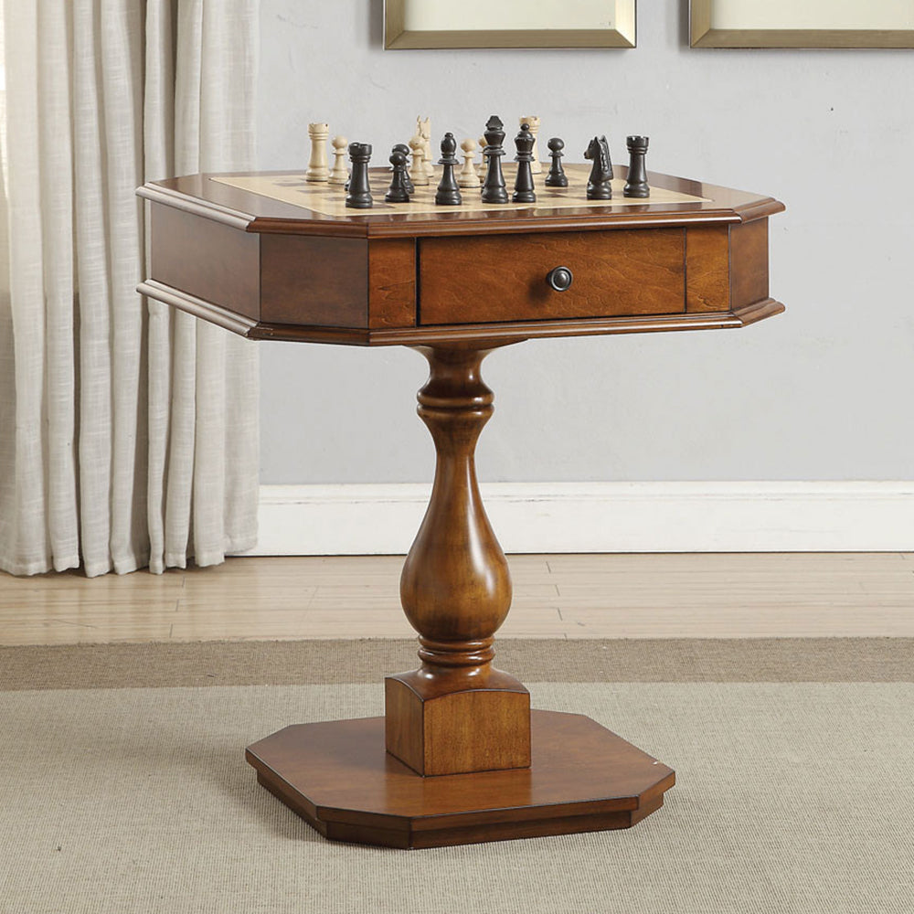 Square Top Game Table with Wooden Pedestal Base, Cherry | Premium Home Decor - Grand Goldman