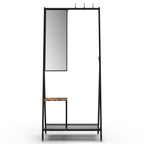 Coat Rack with Mirror, Multifunctional Hall Tree with Shoe Storage, Metal Frame, for Living Room Bedroom 73x32x15 Inches, Industrial Style, Rustic Brown and Black - Grand Goldman Shop