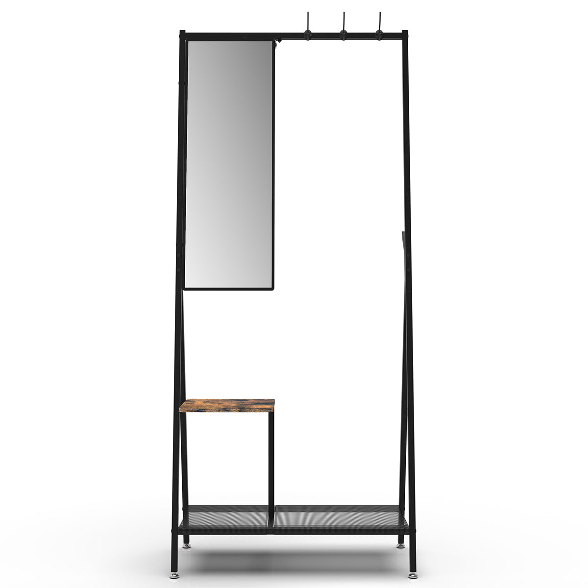 Coat Rack with Mirror, Multifunctional Hall Tree with Shoe Storage, Metal Frame, for Living Room Bedroom 73x32x15 Inches, Industrial Style, Rustic Brown and Black - Grand Goldman Shop