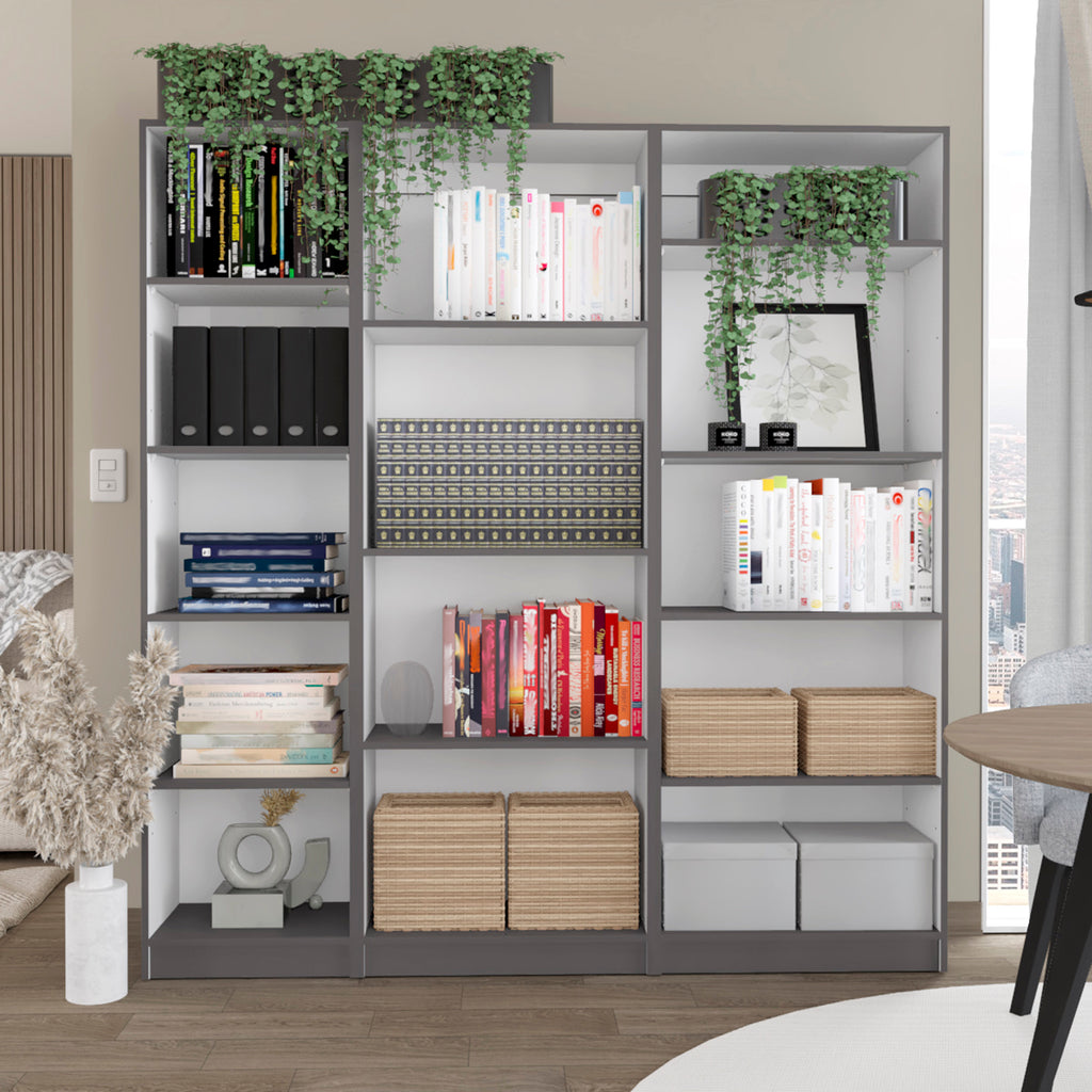Dupree 3 Piece Home Bookcase set, 67' Wide with 14 Shelves ,  Living Room Set Set  Mat Gray - White | Premium Home Decor - Gr
