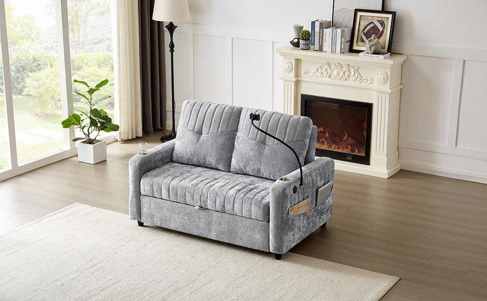 Modern Loveseat Pull-out Sofa Bed with Adjustable Backrest, Cup Holders, Phone Holder, Charging Ports, Side Storage Pockets, Grey Chenille - Grand Goldman Shop