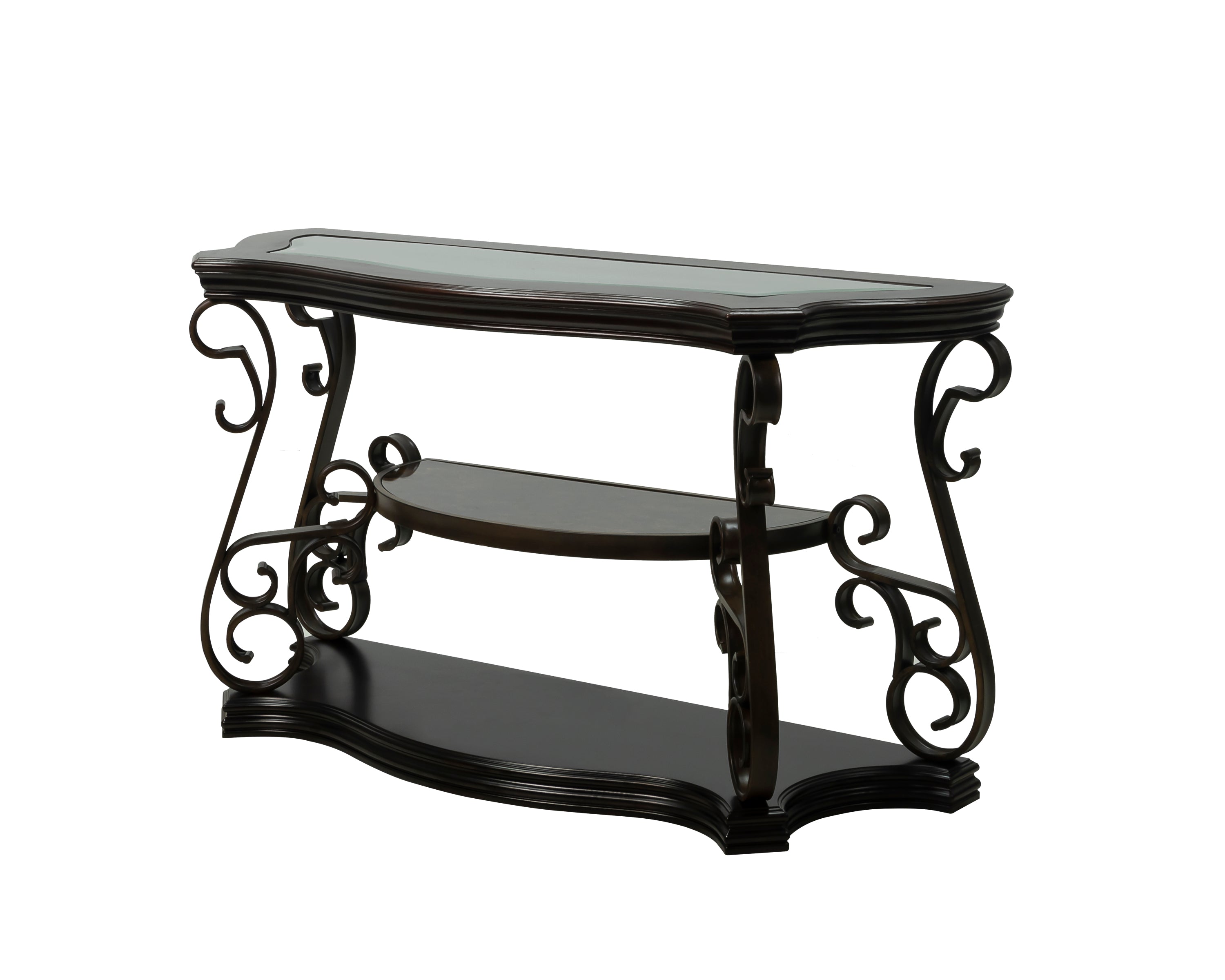 Sofa Table, Glass table top, MDF W/marble paper middle shelf, powder coat finish metal legs. (54'Lx20'Wx30'H) - Grand Goldman Shop