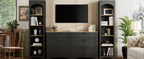 ON-TREND 3-Piece Farmhouse Entertainment Center with Storage Cabinet for TVs Up to 70', Mid-Century TV Stand with Bookshelf, Rustic Versatile Sideboard with Adjustable Shelves for Living Room, Black - Grand Goldman Shop