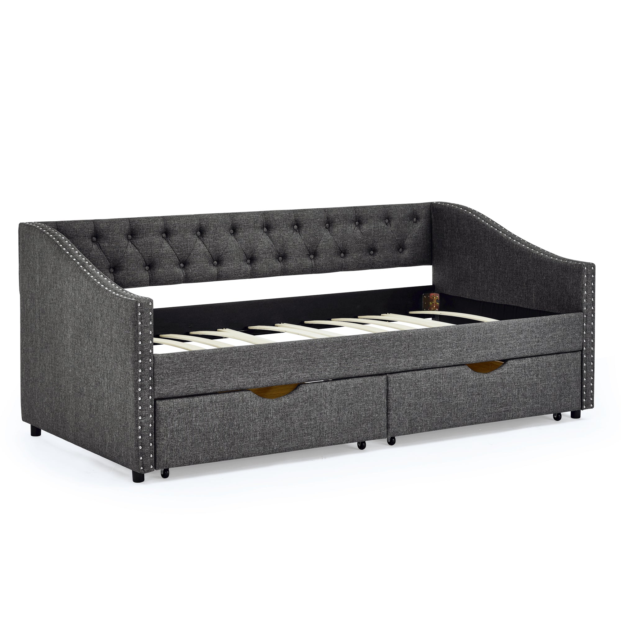Twin Size Daybed with Drawers Upholstered Tufted Sofa Bed in Dark Grey Linen, Button Back and Copper Nail Trimmed Waved Arms, 81.5''x41''x30.5'' - Grand Goldman Shop