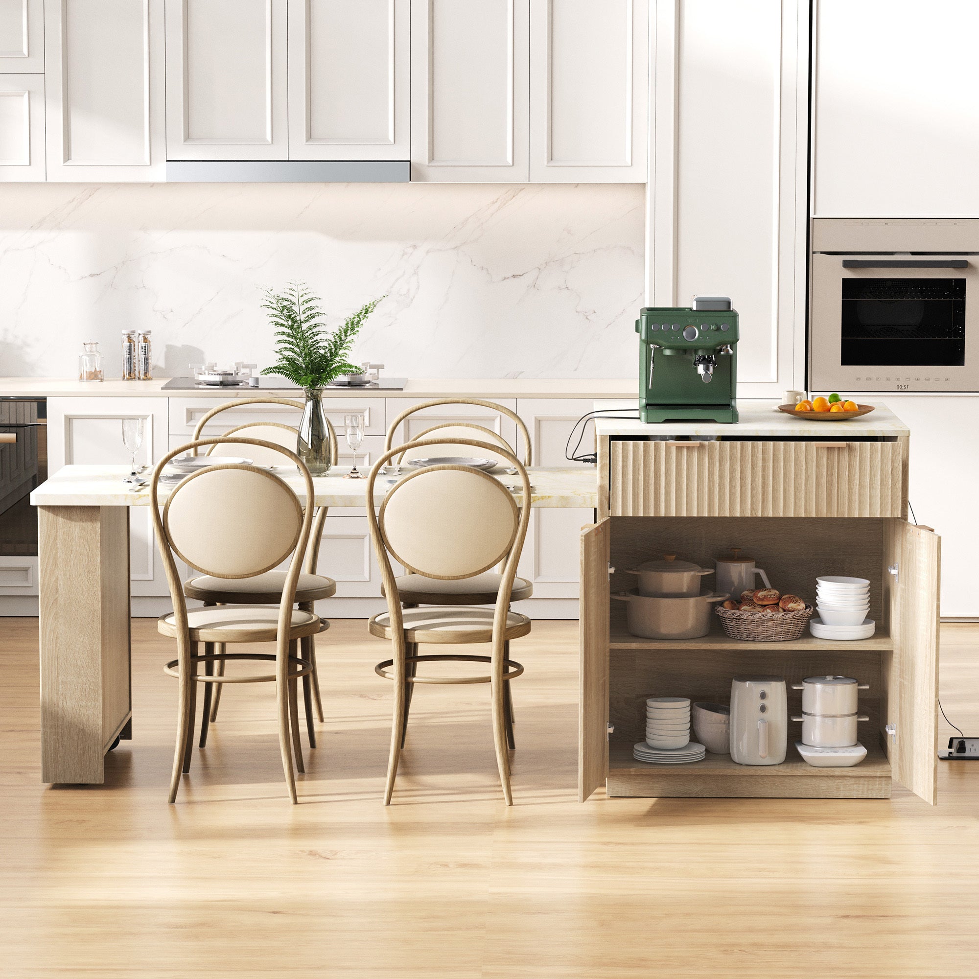 K&K 82.6' Fluted Kitchen Island with Extendable Dining Table for 4-6, Island Table for Kitchen with Power Outlet, Kitchen Table with Double-Side Storage, 2 Drawers 2 Side Open Shelves, Natural - Grand Goldman Shop