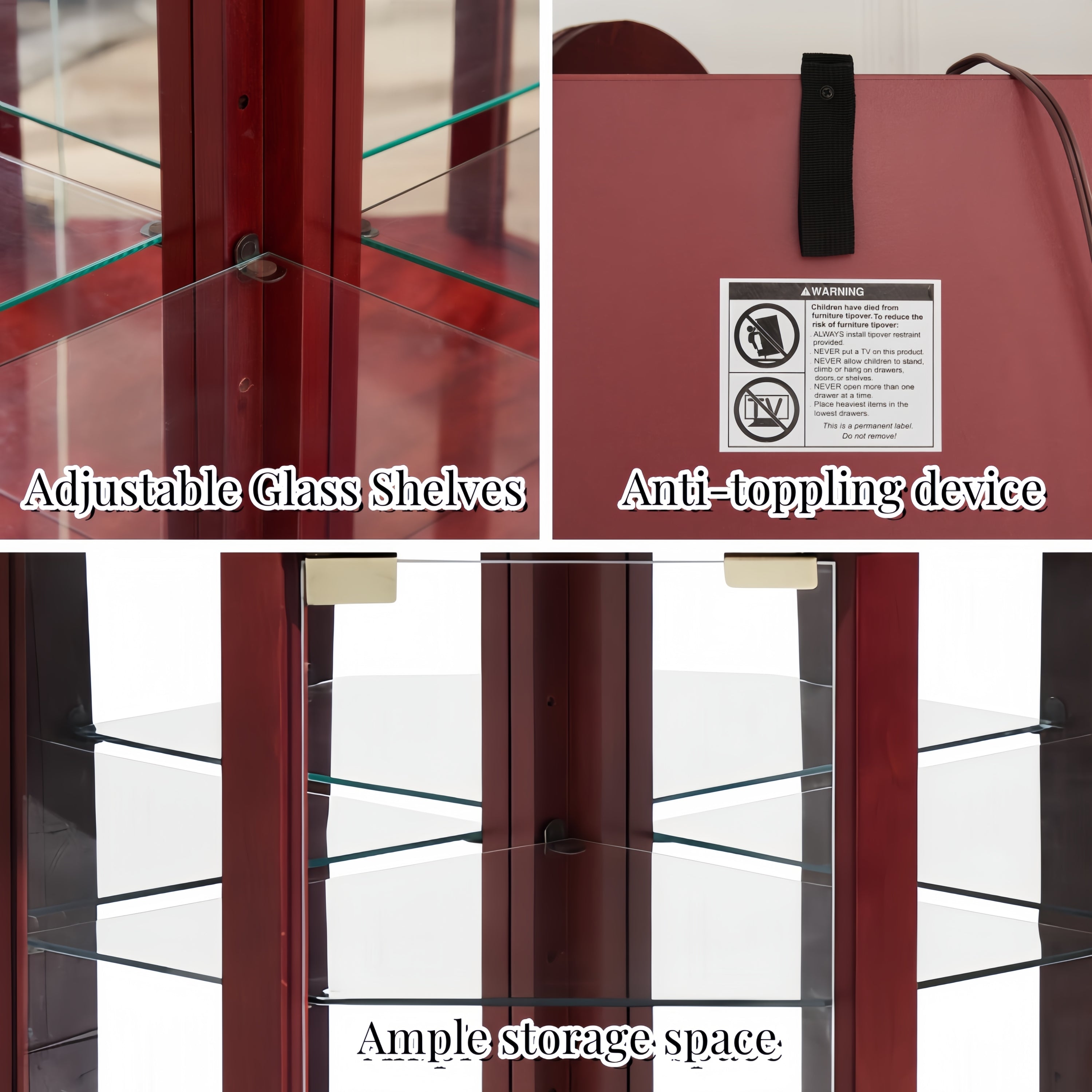 Glass Cabinet Lighted Corner Cabinet Corner Display Curio Cabinet, Glass Display With Light(Included)Bar Cabinet,Wine Cabinet with Adjustable Glass Shelves Carved Decoration Cherry Light(Included) - Grand Goldman Shop