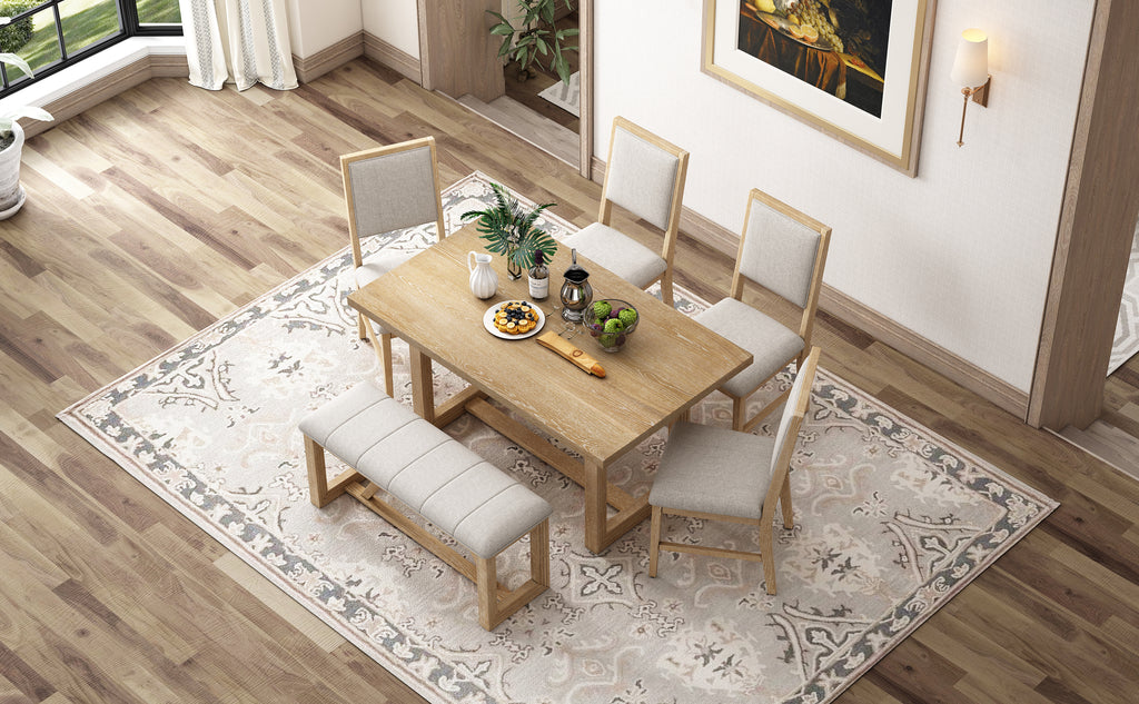TREXM 6-Piece Retro Dining Table Set for 6, 60' Wood Kitchen Table and Chairs Set of 4 with Bench Designed Trestle Base for kitchen & Dining Room (Natural) - Grand Goldman Shop