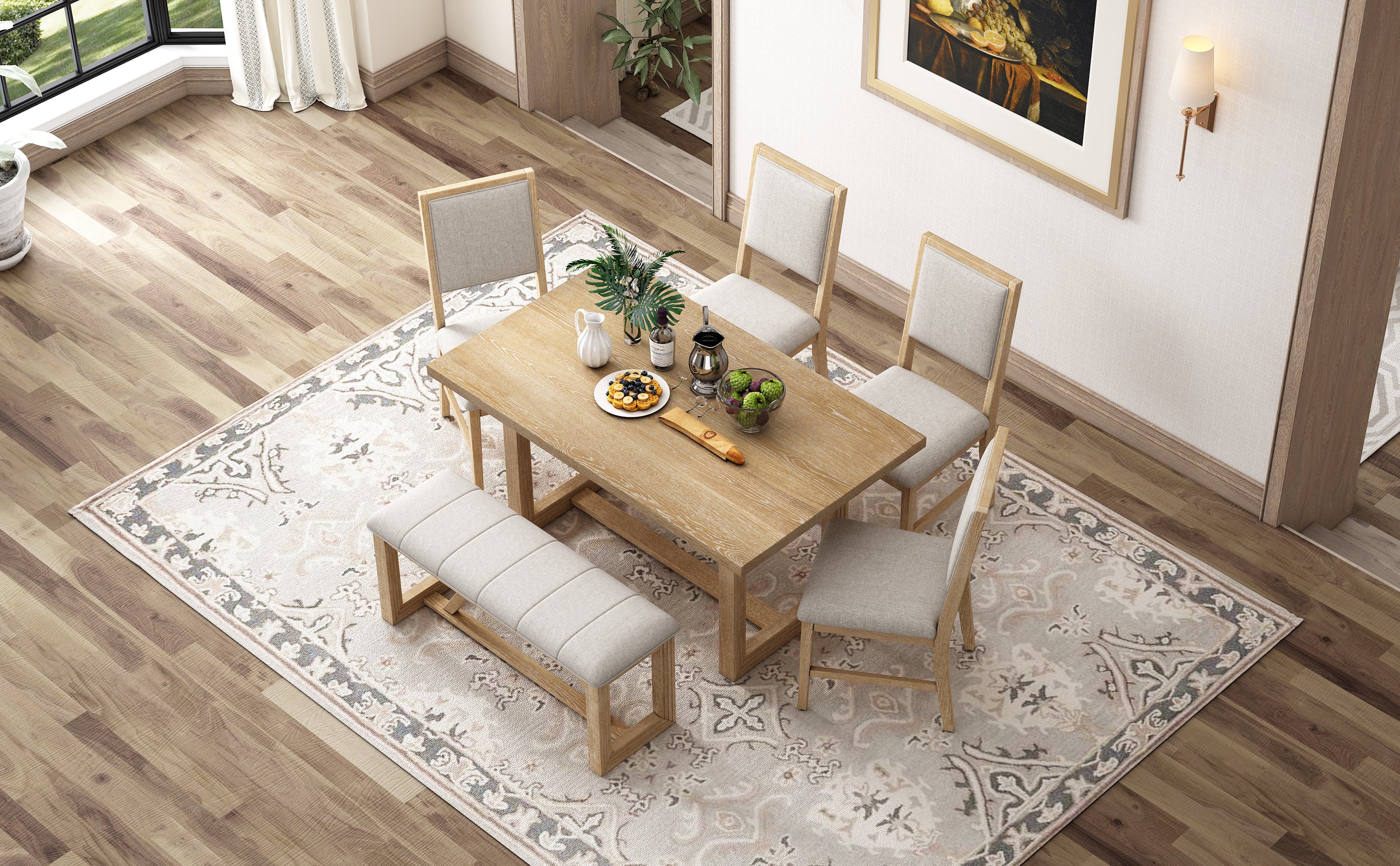 TREXM 6-Piece Retro Dining Table Set for 6, 60' Wood Kitchen Table and Chairs Set of 4 with Bench Designed Trestle Base for kitchen & Dining Room (Natural) - Grand Goldman Shop