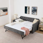 Grey Velvet Mid-Century Style Twin Upholstered Daybed with Pop-Up Trundle and USB Charging Armrest - Grand Goldman Shop