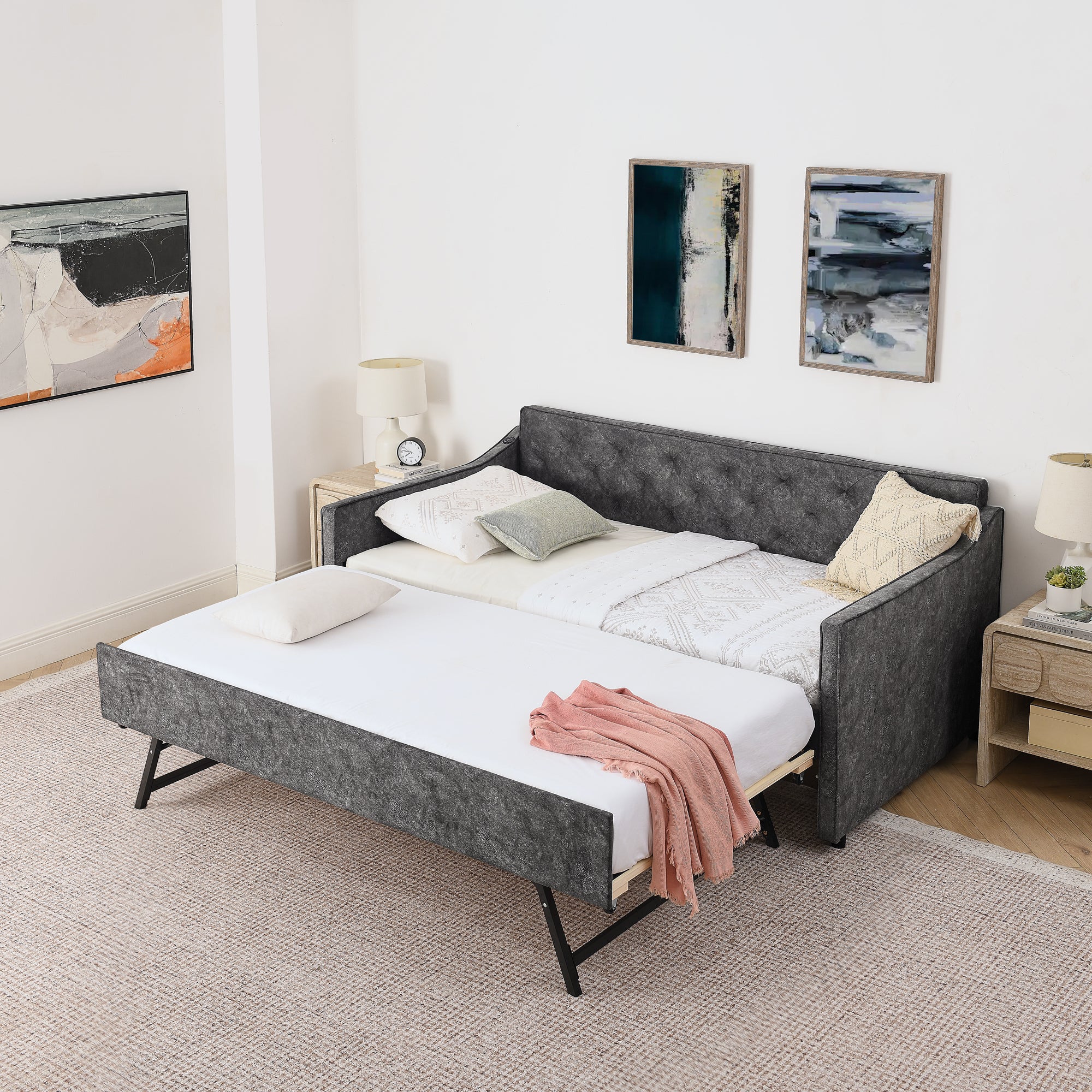 Grey Velvet Mid-Century Style Twin Upholstered Daybed with Pop-Up Trundle and USB Charging Armrest - Grand Goldman Shop