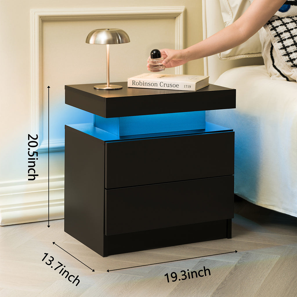Nightstand LED Bedside Table Cabinet Lights Modern End Side with 2 Drawers for Bedroom (Black) - Grand Goldman Shop