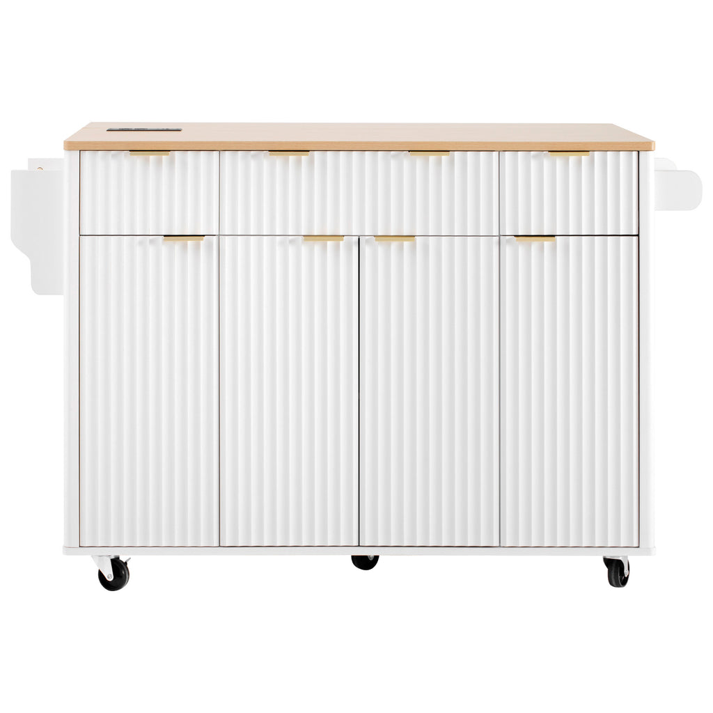 K&K Fluted Kitchen Island with Storage, 55.5' Kitchen Island with Drop Leaf, Power Outlet, 4 Doors and 3 Drawers, Rolling Island Table with Wood-grain Top, Curved Edge for Kitchen,Dining Room White - Grand Goldman Shop