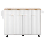 K&K Fluted Kitchen Island with Storage, 55.5' Kitchen Island with Drop Leaf, Power Outlet, 4 Doors and 3 Drawers, Rolling Island Table with Wood-grain Top, Curved Edge for Kitchen,Dining Room White - Grand Goldman Shop