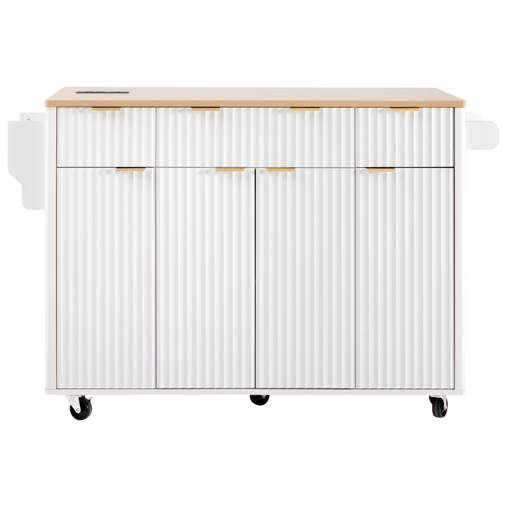 K&K Fluted Kitchen Island with Storage, 55.5' Kitchen Island with Drop Leaf, Power Outlet, 4 Doors and 3 Drawers, Rolling Island Table with Wood-grain Top, Curved Edge for Kitchen,Dining Room White - Grand Goldman Shop