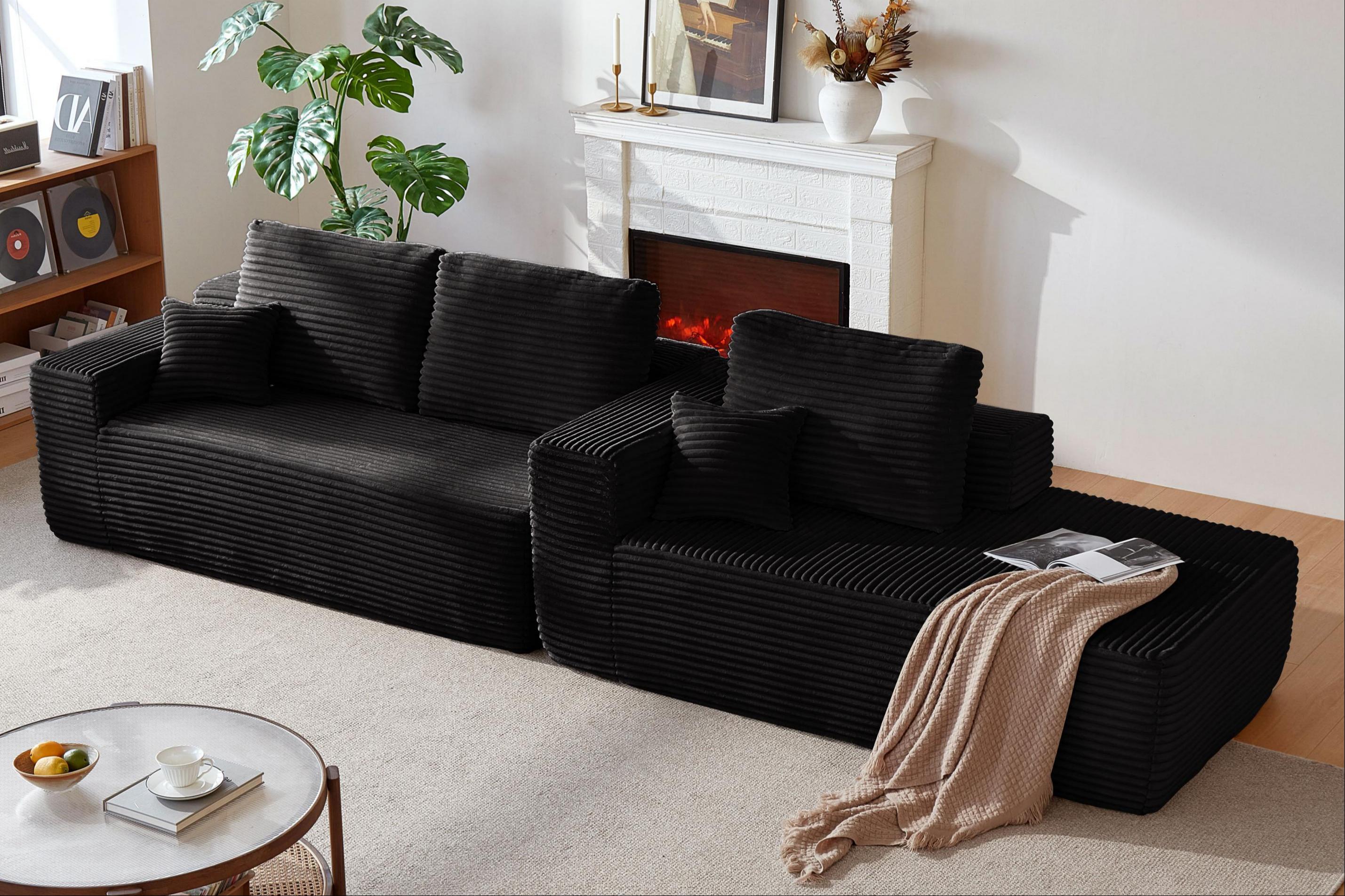 104' Cloud Sectional Sofa with L-Shape Chaise and Side Pockets , Modern Modular Design, Deep Seating, Upholstered Couch for Living Room/Bedroom, No Assembly Required (Plush Fabric), Black,Right - Grand Goldman Shop