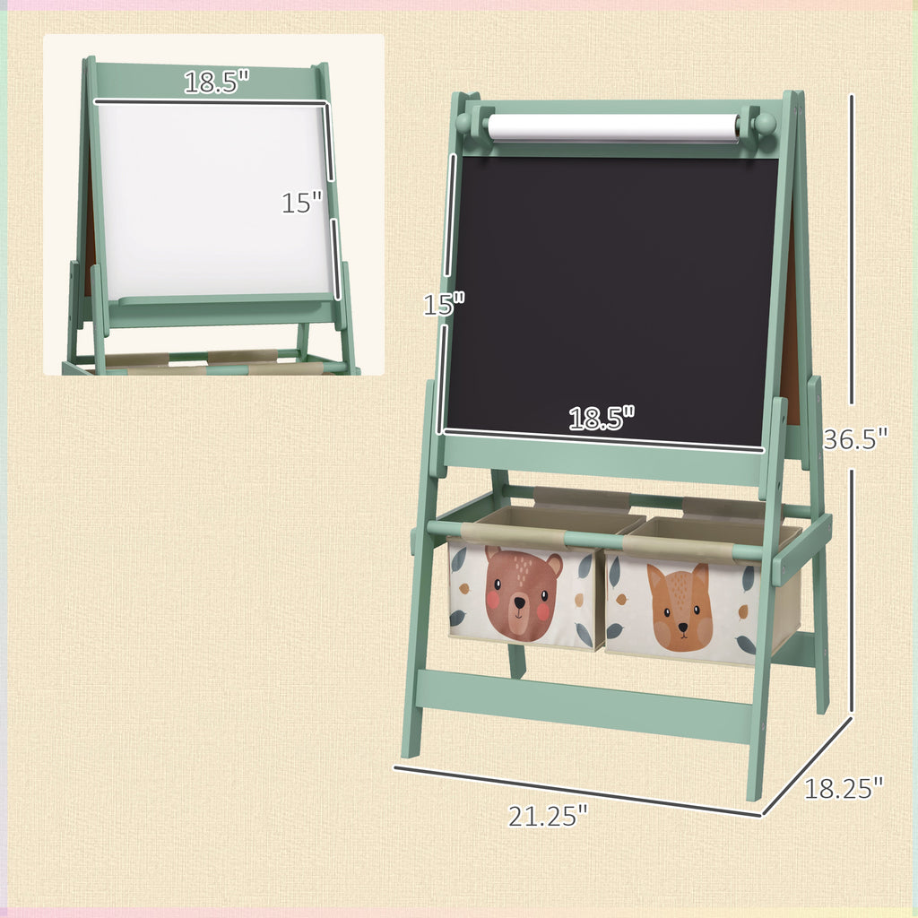 Qaba Art Easel for Kids with Paper Roll, 3 in 1 Toddler Painting Easel with Blackboard, Whiteboard, Storage Baskets, Green | 