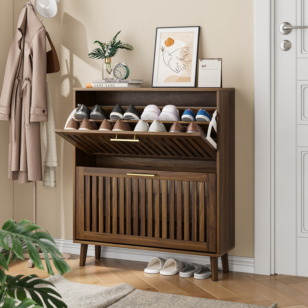 Medieval Modern Walnut Shoe Storage Cabinet With 2 Flip Drawers And Fence Design, 31.5-Inch, Particle Board + MDF - Grand Goldman Shop