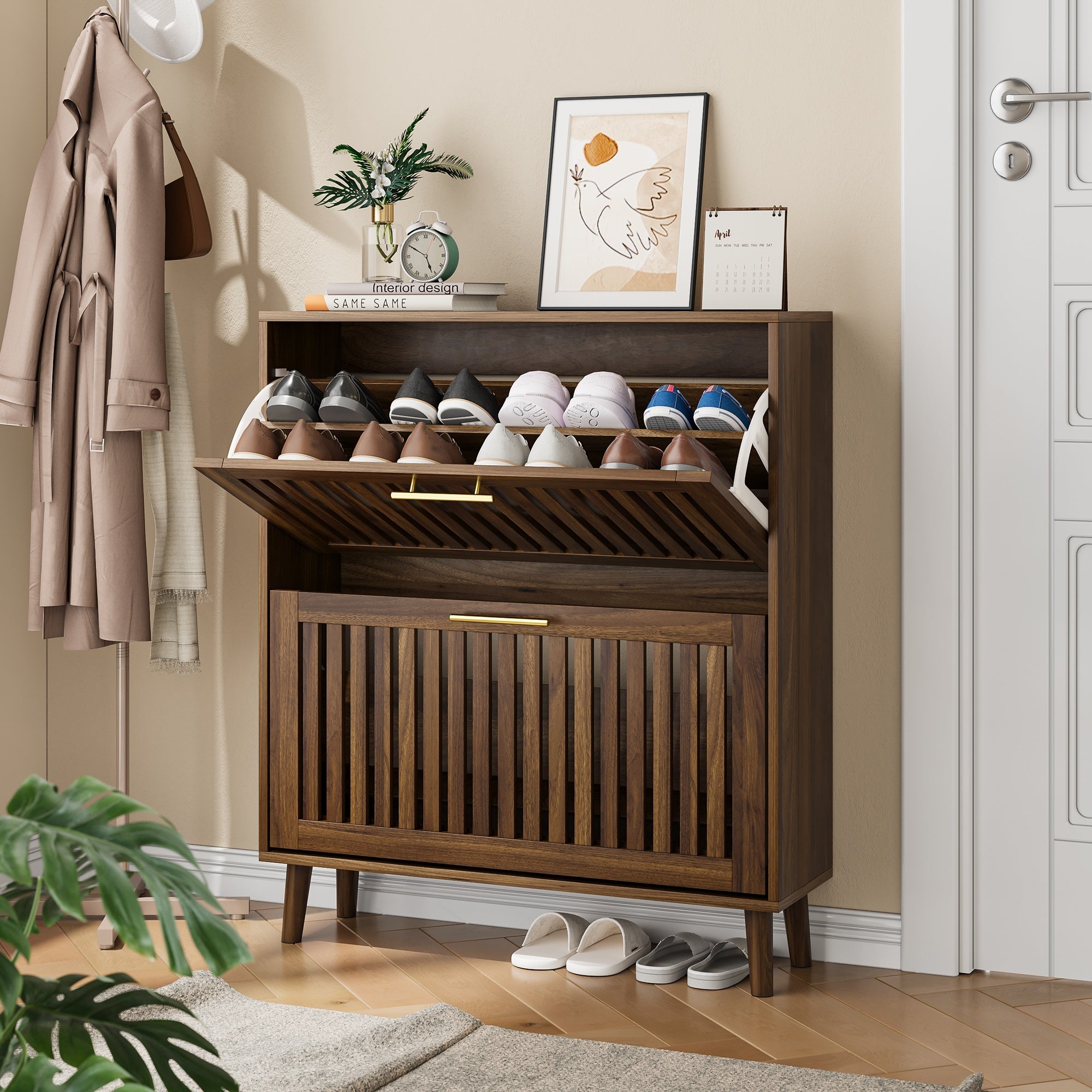 Medieval Modern Walnut Shoe Storage Cabinet With 2 Flip Drawers And Fence Design, 31.5-Inch, Particle Board + MDF - Grand Goldman Shop