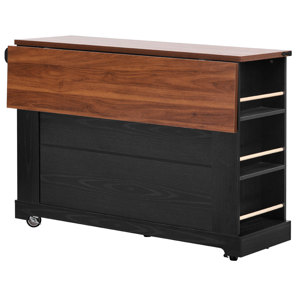 K&K 53'' Farmhouse Kitchen Island with Two Tempered Glass Cabinet Doors, Power Outlet, Rolling Kitchen Cart on Wheels with Drop Leaf, 5 Open Side Racks, 3 Drawers, for Kitchen, Dining Room, Black - Grand Goldman Shop
