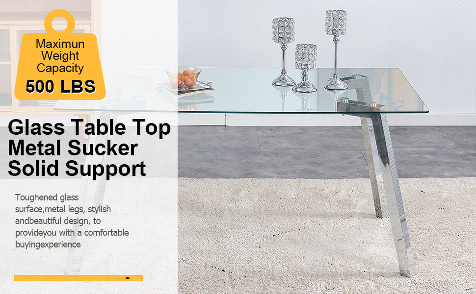 A modern minimalist rectangular glass dining table with tempered glass tabletop and silver metal legs, suitable for kitchens, restaurants, and living rooms,63'*35.4'*30' - Grand Goldman Shop