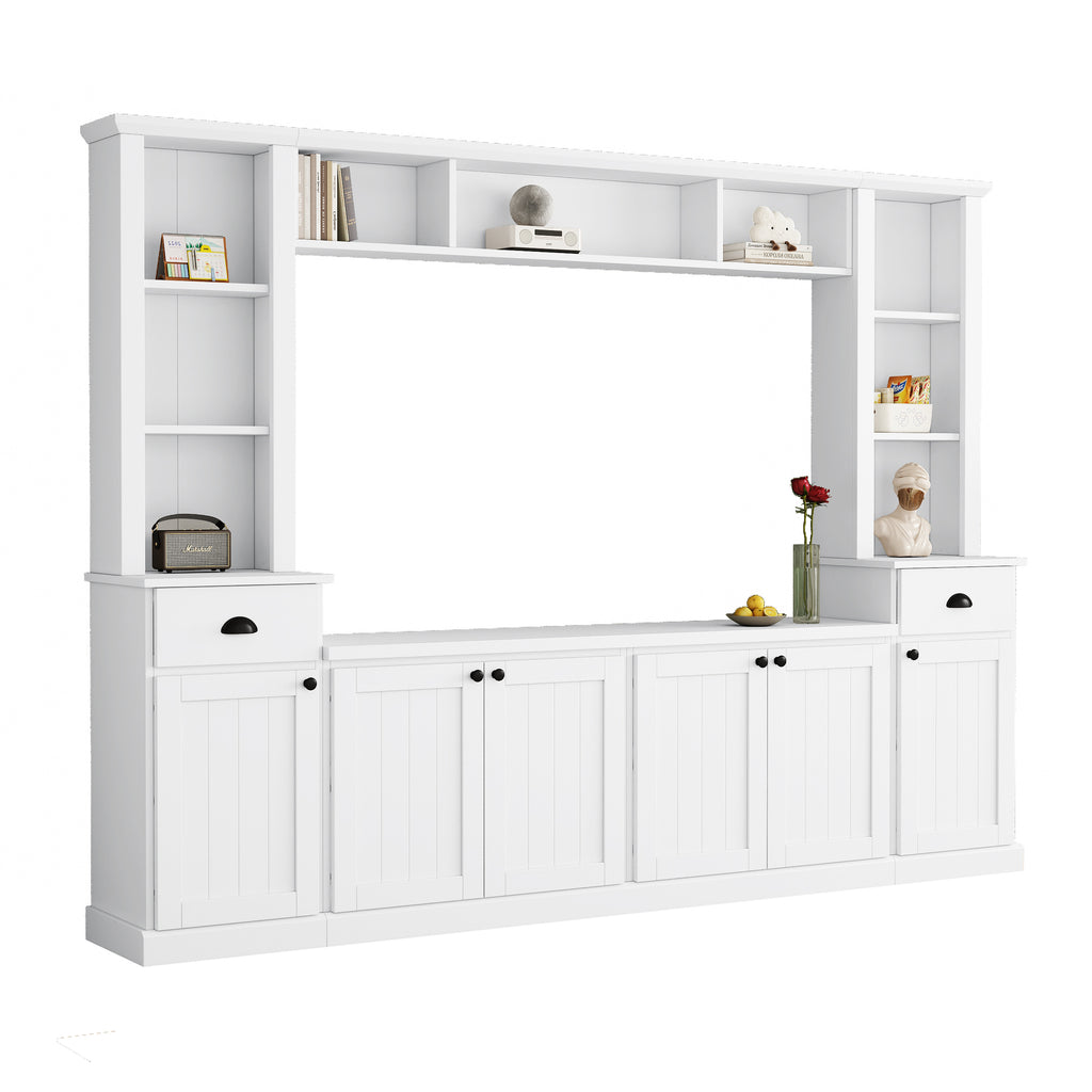Minimalist Entertainment Wall Unit Set with Bridge for TVs Up to 75'', Ample Storage Space TV Stand with Adjustable Shelves, Modernist Large Media Console for Living Room, White - Grand Goldman Shop